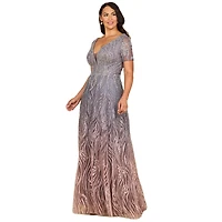 Lara Women's 28961 - Short Sleeve V-Neck Beaded Ballgown