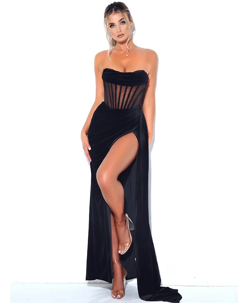 Miss Circle Women's Priya Black Draping Corset High Slit Velvet Gown