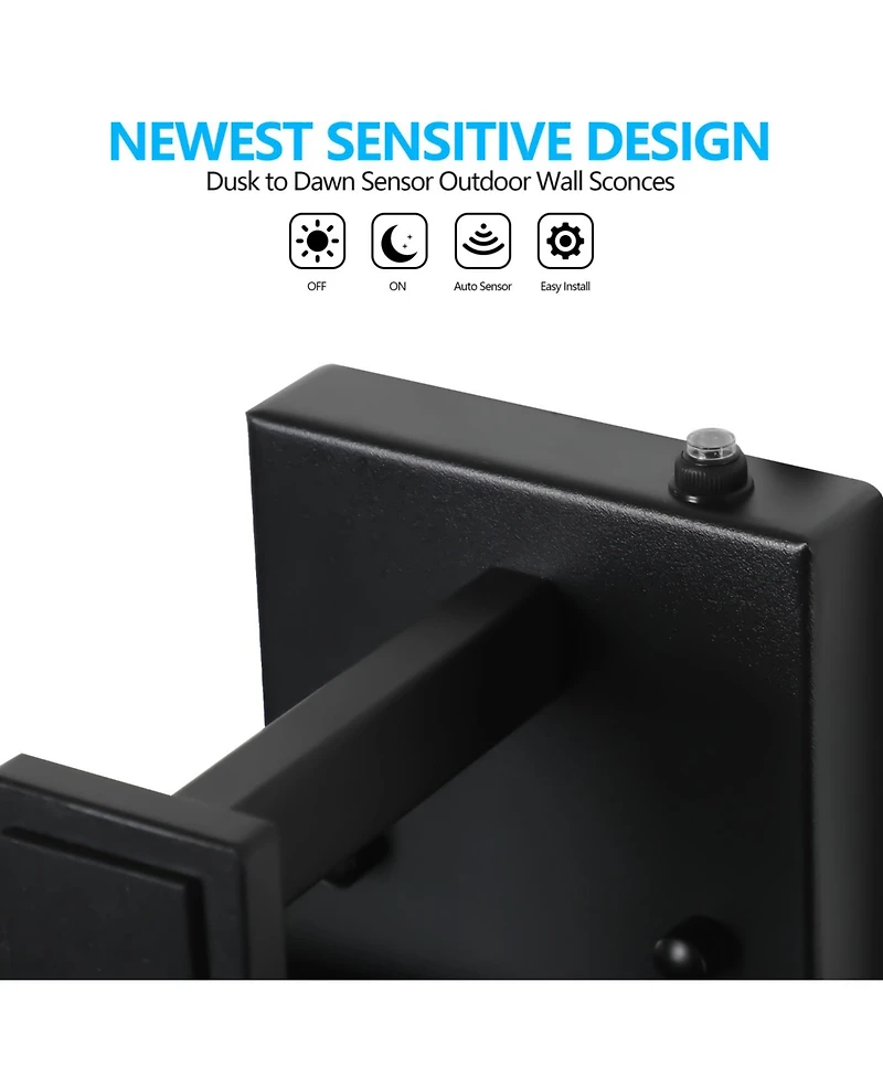 Streamdale Modern Wall Lanterns, Black Metal, Ambient Sensors, Weatherproof Wall Sconces (Set of 2)