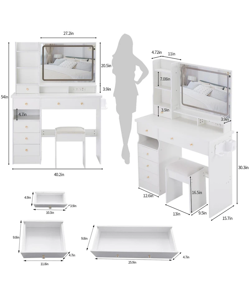 Streamdale Furniture Streamdale Vanity Table with Cushioned Stool, Power Station, Hair Dryer Stand, Large Led Mirror