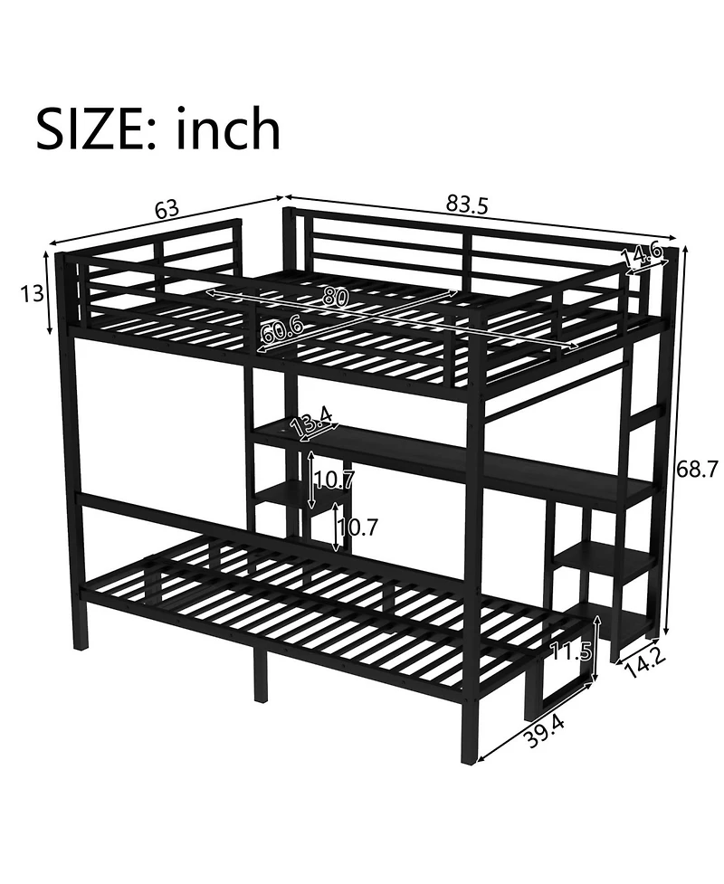 Streamdale Furniture Queen Over Twin Xl Bunk Bed with Desk Led & Usb Black
