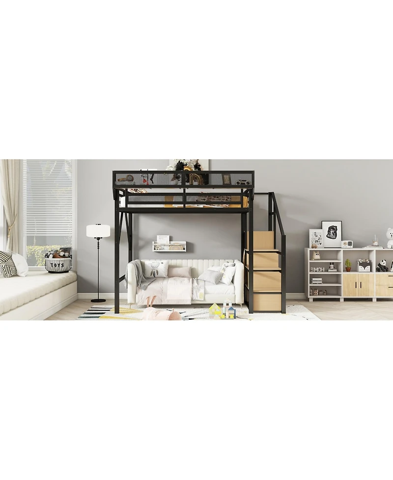 Streamdale Furniture Metal Full Loft Bed with Stairs & Storage - Black