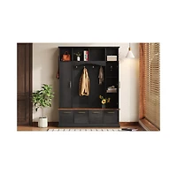 Streamdale 4-in-1 Hall Tree: 59" Wide, Golden Hooks, Walnut Bench, Adjustable Shelves, White