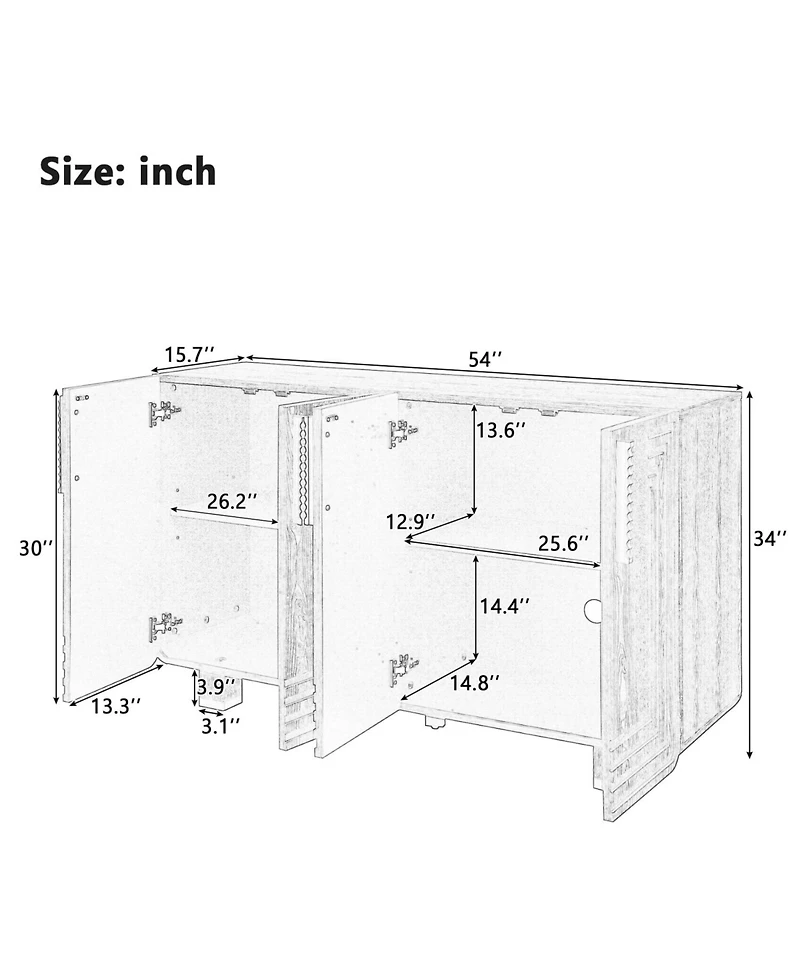 Streamdale Furniture 54" Retro Buffet Cabinet - 4-Door Fluted Sideboard