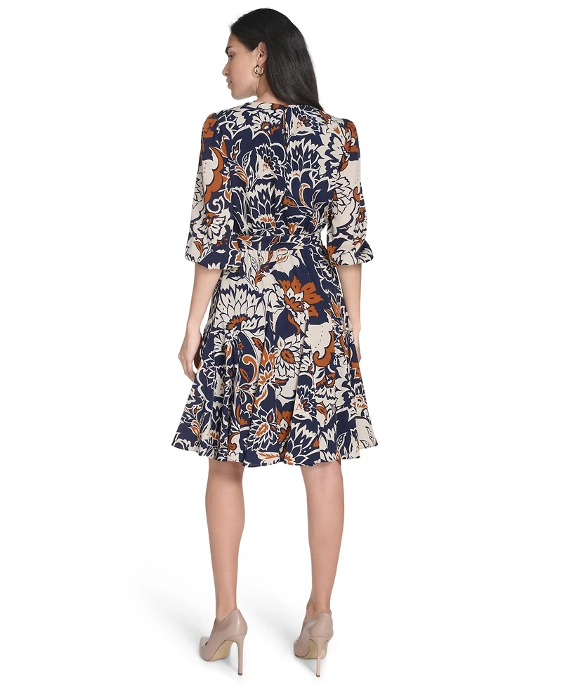Jessica Howard Petite Jewel Neck Belted Fit and Flare Godet Dress