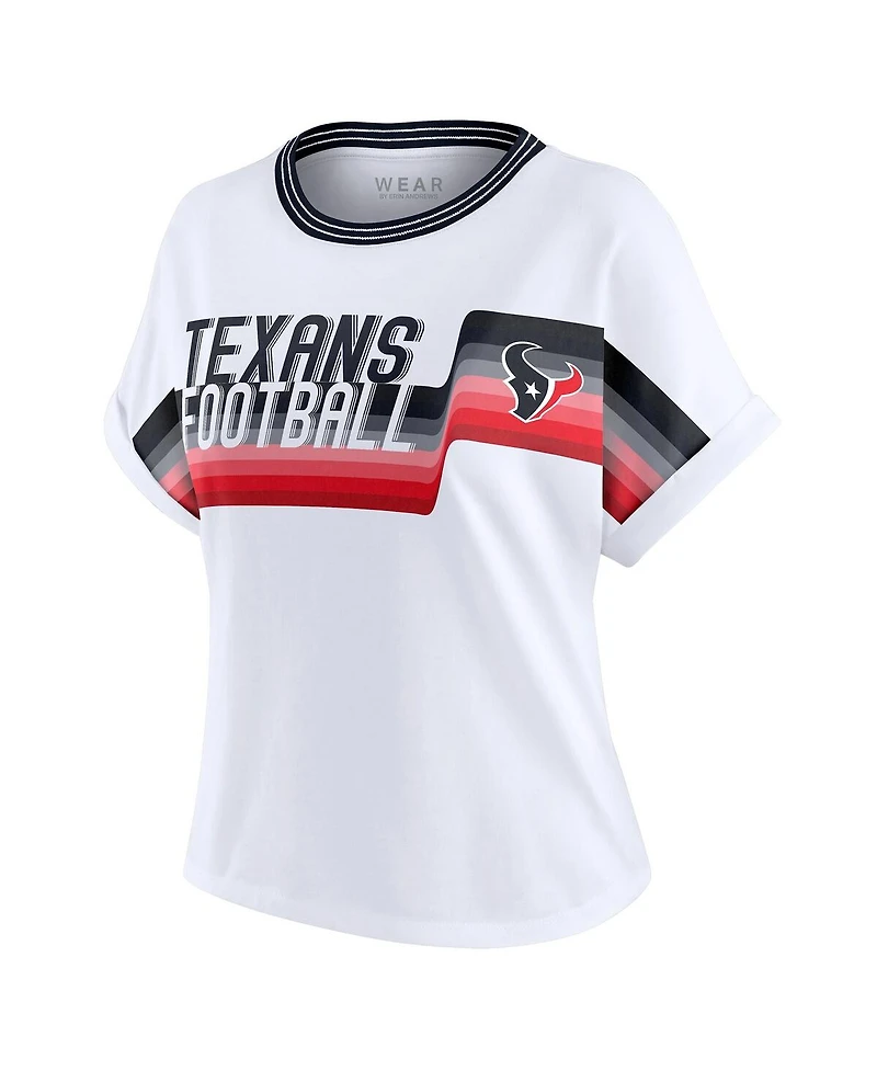 Wear by Erin Andrews Women's White Houston Texans Cropped Center Stripe Dolman T-Shirt