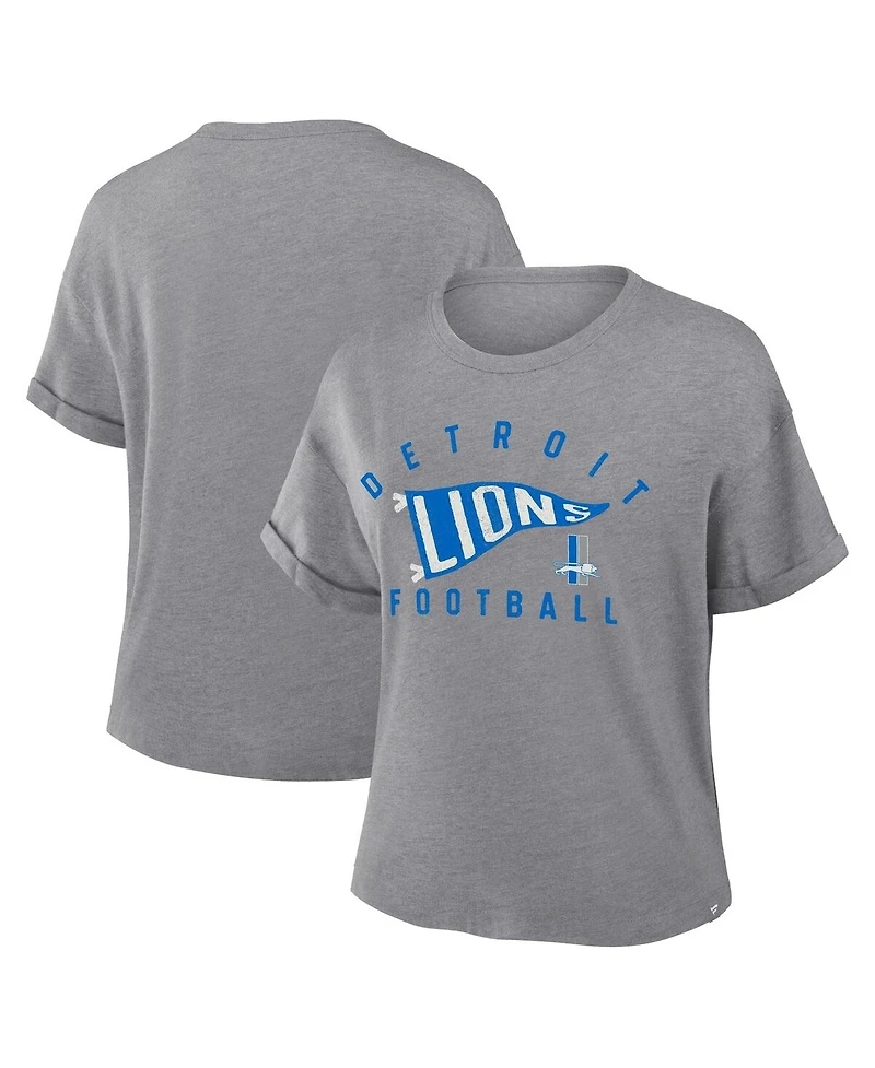 Fanatics Women's Heather Gray Detroit Lions Pennant Wave Tribute Tri-Blend Boxy T-Shirt