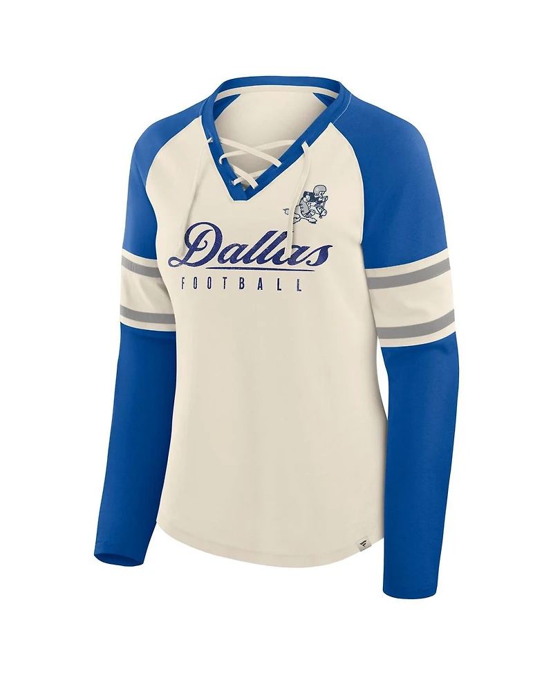 Fanatics Women's Cream/Royal Dallas Cowboys Hometown Gridiron Hero Raglan Lace-Up V-Neck Long Sleeve T-Shirt
