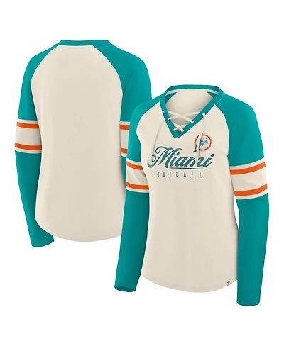 Fanatics Women's Cream/Aqua Miami Dolphins Hometown Gridiron Hero Raglan Lace-Up V-Neck Long Sleeve T-Shirt