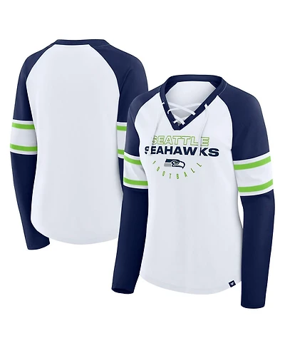 Fanatics Women's White/College Navy Seattle Seahawks Redzone Blitz Package Raglan Lace-Up V-Neck Long Sleeve T-Shirt