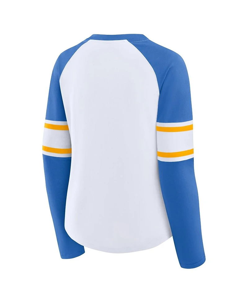 Fanatics Women's White/Powder Blue Los Angeles Chargers Redzone Blitz Package Raglan Lace-Up V-Neck Long Sleeve T-Shirt