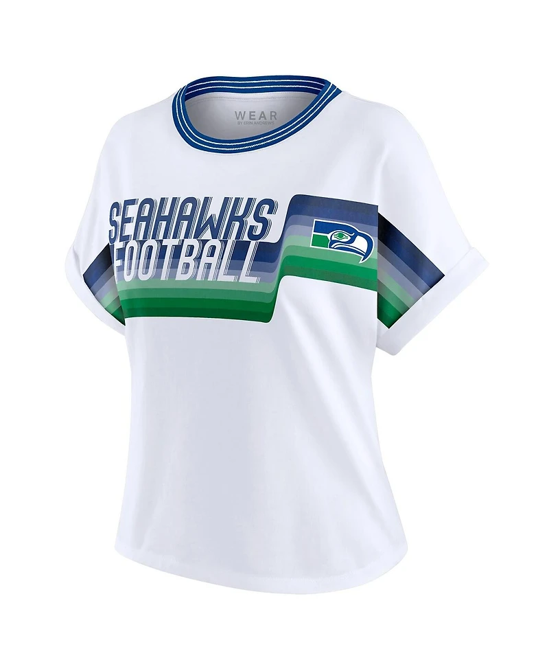 Wear by Erin Andrews Women's White Seattle Seahawks Cropped Center Stripe Dolman T-Shirt