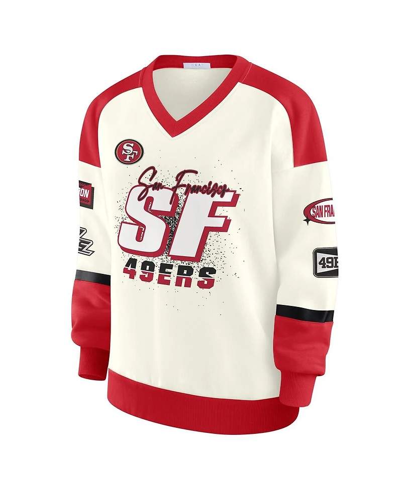 Wear by Erin Andrews Women's Cream San Francisco 49ers Racing Crew V-Neck Sweatshirt