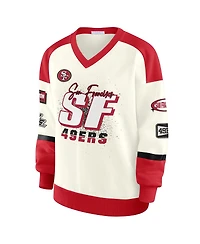 Wear by Erin Andrews Women's Cream San Francisco 49ers Racing Crew V-Neck Sweatshirt