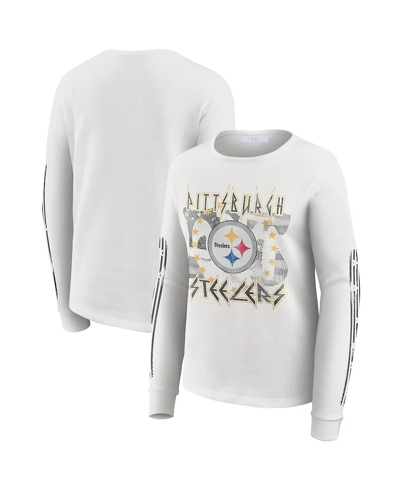 Wear by Erin Andrews Women's White Pittsburgh Steelers Graphic Waffle Long-Sleeve T-Shirt
