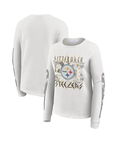 Wear by Erin Andrews Women's White Pittsburgh Steelers Graphic Waffle Long-Sleeve T-Shirt