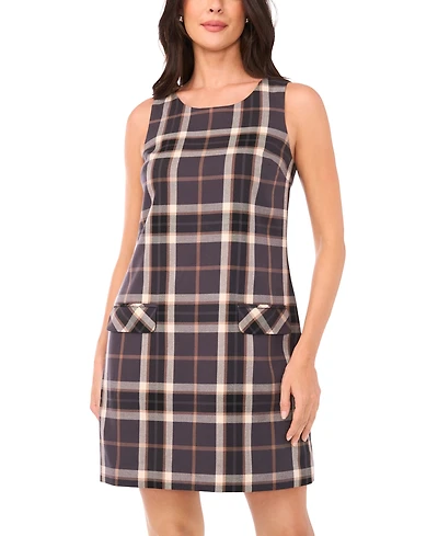 1.state Women's Plaid Print Sleeveless Scoop Neck Mini Shift Dress