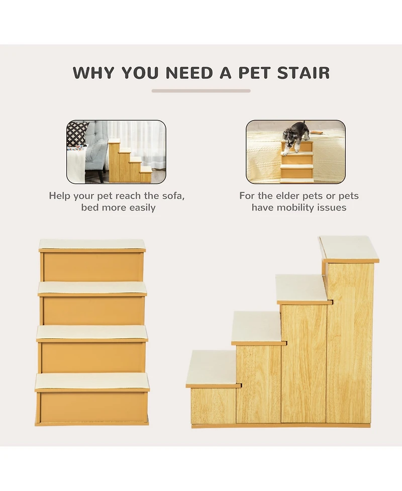 PawHut 4-Step Wooden Pet Stair Pet Steps with Soft Short Plush Cushion