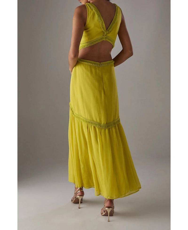 Warehouse Women's Chiffon Fringe Trim Cut Out Maxi Dress
