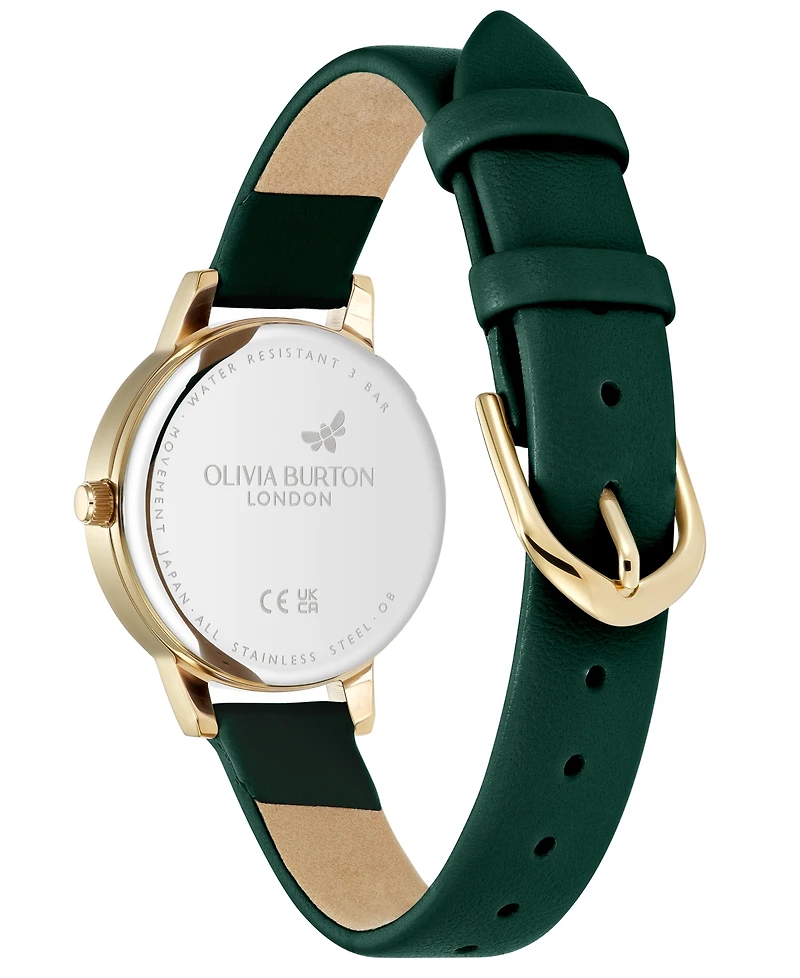 Olivia Burton Women's Illustrated Floral Green Calfskin Leather Strap Watch, 30mm