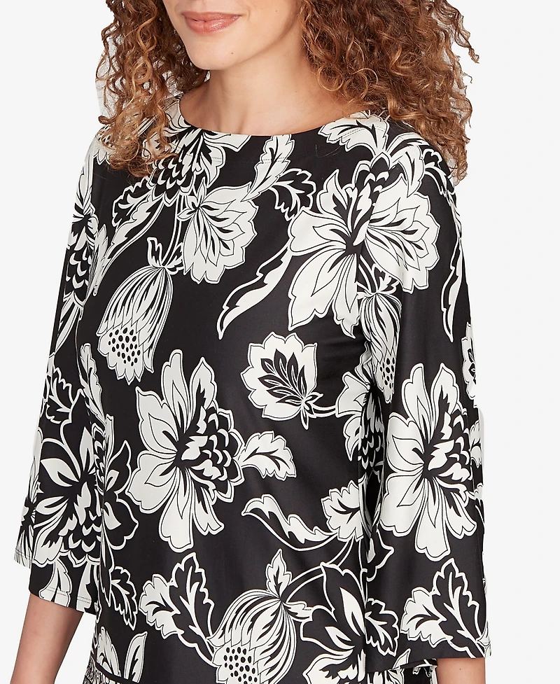 Ruby Rd. Petite Floral Geo Border Knit Top
