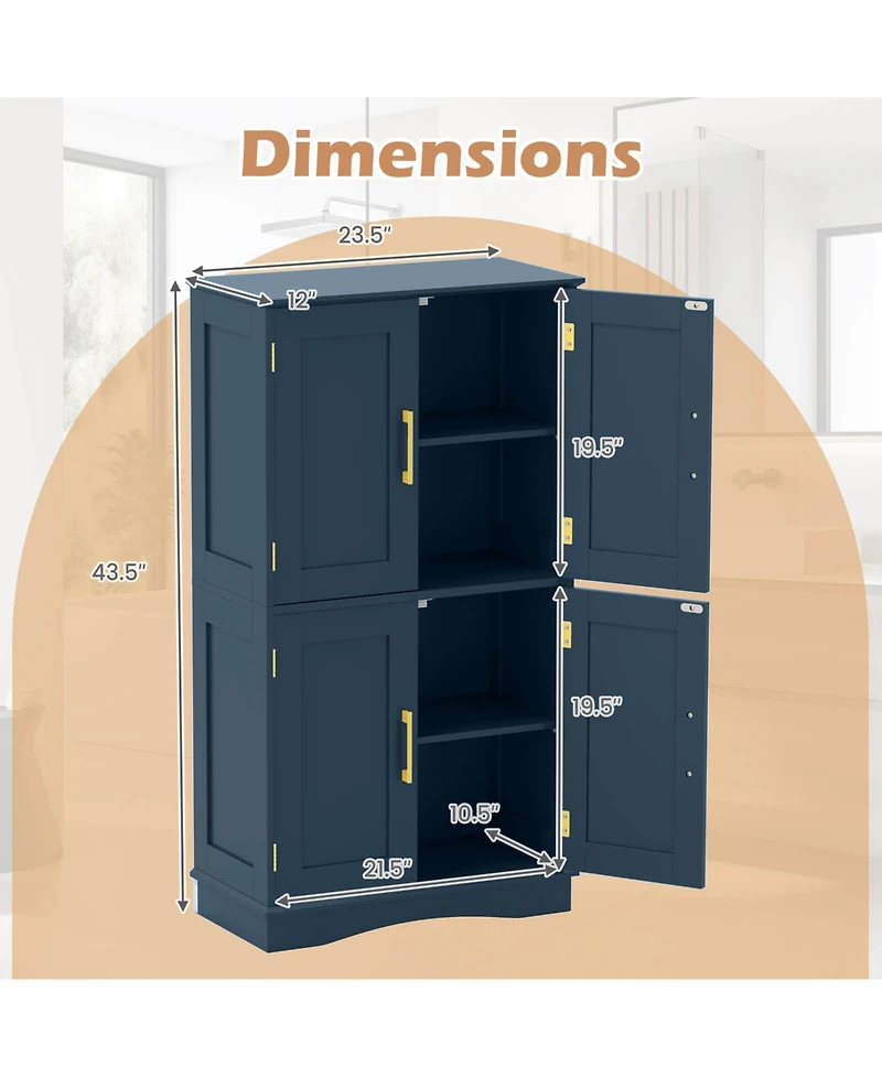 Costway Bathroom Floor Storage Cabinet 43.5" Freestanding Pantry Cabinet with 4 Doors