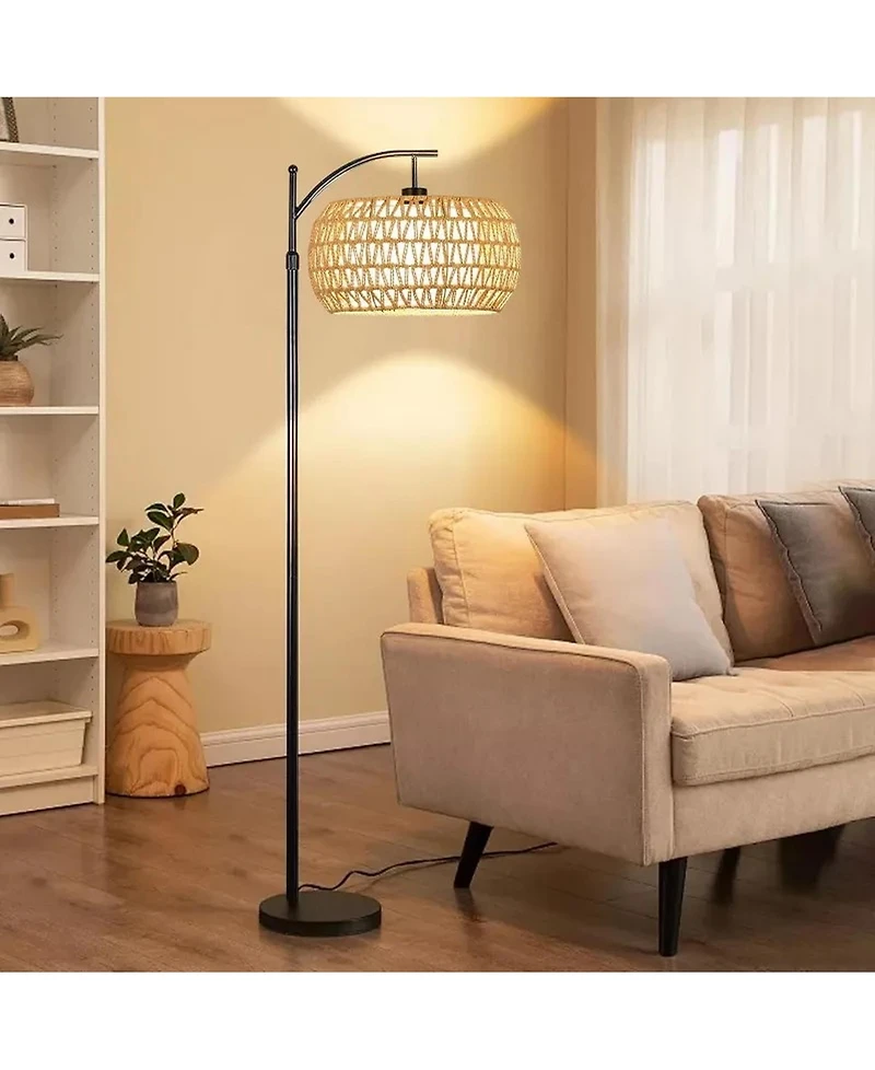 Sugift Dimmable Boho Floor Lamp with Rattan & Linen Drum Shade – Remote & Footswitch Control