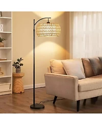 Sugift Dimmable Boho Floor Lamp with Rattan & Linen Drum Shade – Remote & Footswitch Control