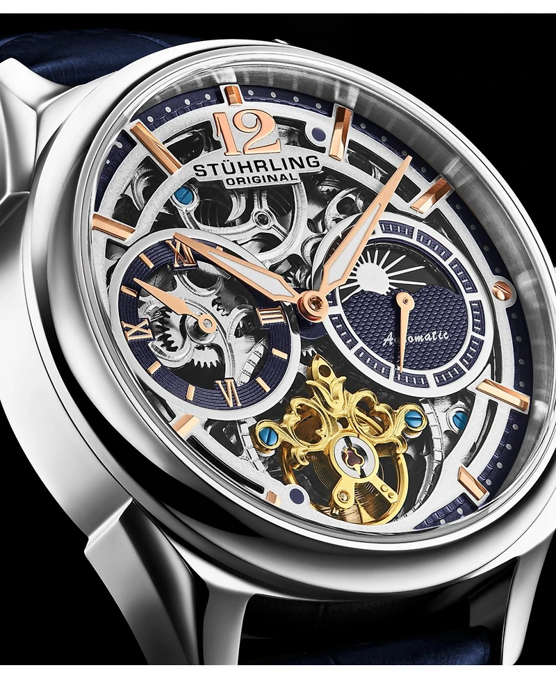 Stuhrling Vanguard 1019.02 Legacy Collection Dual Time Automatic Skeleton Watch 42mm Stainless Steel Blue Dial Leather Strap