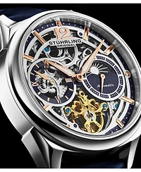 Stuhrling Vanguard 1019.02 Legacy Collection Dual Time Automatic Skeleton Watch 42mm Stainless Steel Blue Dial Leather Strap