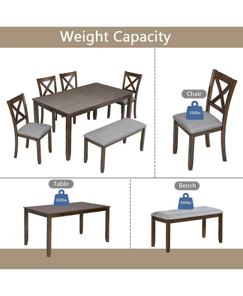 Casainc 6 Piece Wooden Dining Table Set with Table, 4 Upholstered Chairs and Bench