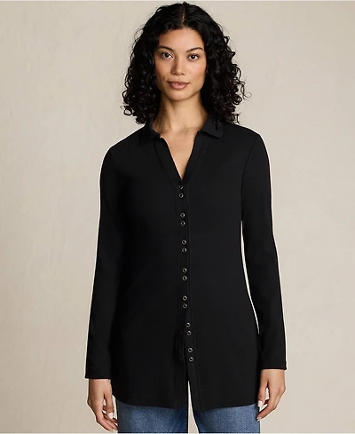 Lands' End Women's Long Sleeve Polished Rib Button Through Tunic Shirt