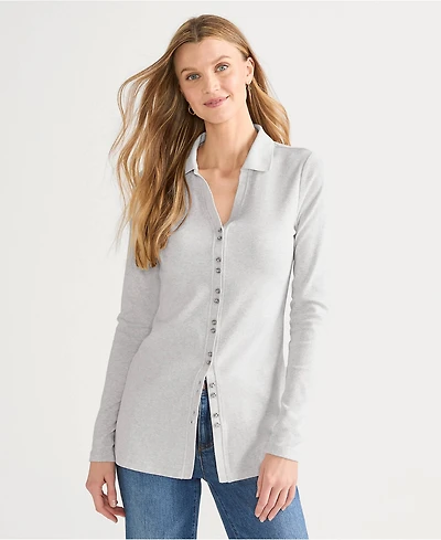 Lands' End Women's Long Sleeve Polished Rib Button Through Tunic Shirt