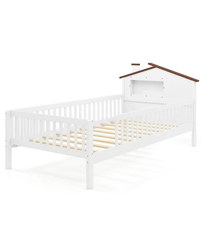 Gymax Twin Kids Bed Solid Wood Platform w/ Under-bed Storage & Cube