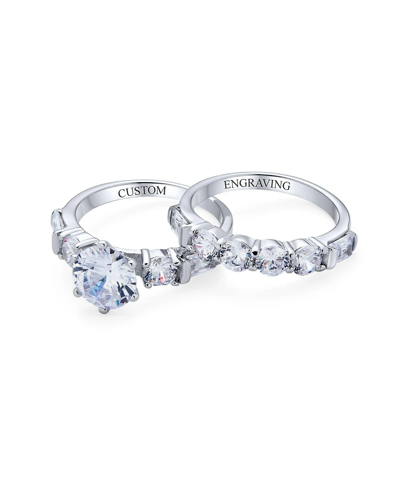 Bling Jewelry Sterling Silver 2CT Round Cz Solitaire Ring Set with Baguette Side Stones – 6-Prong Design