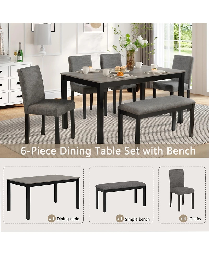 Casainc 6 Piece Dining Table Set with Rectangular Table, Chairs and Bench for Dining Room