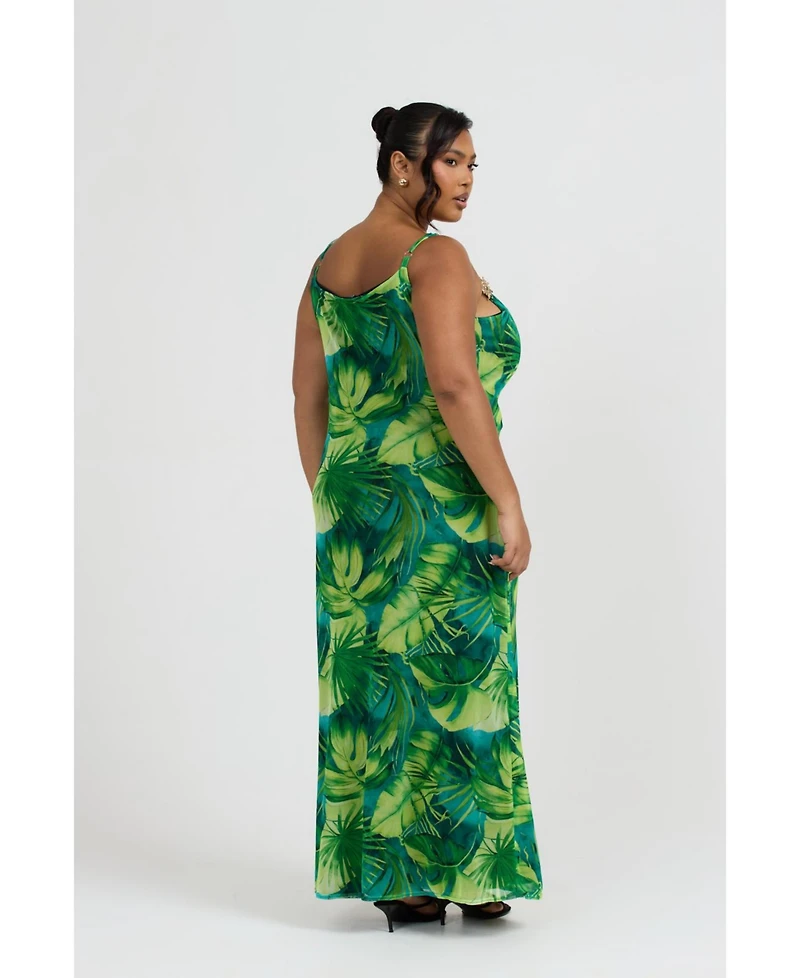 Fashion-szn Curve Women's Palm Print Gold Trim Maxi Dress