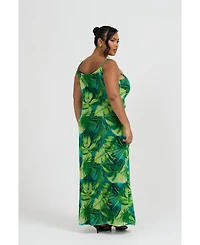 Fashion-szn Curve Women's Palm Print Gold Trim Maxi Dress