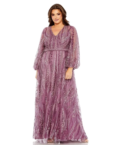 Mac Duggal Women's V-Neck Puff Sleeve Embroidered A Line Gown