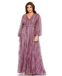 Mac Duggal Women's V-Neck Puff Sleeve Embroidered A Line Gown