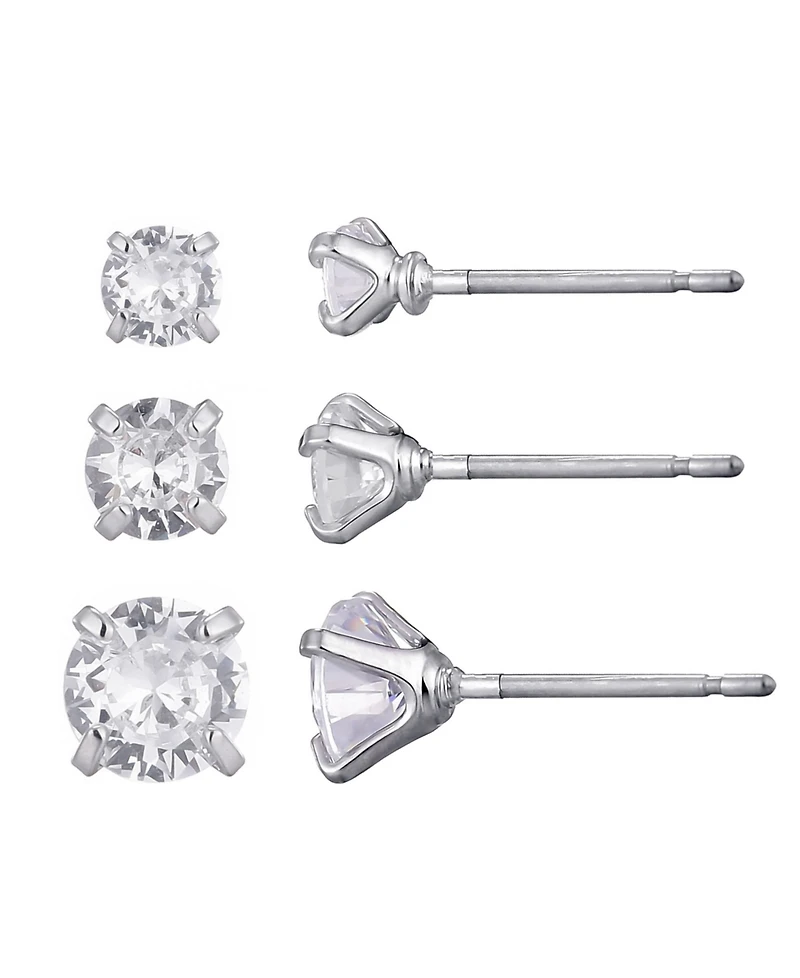 Adornia Silver Cubic Zirconia Three-Solitaire Stud Earring Set