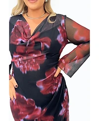 Fashion-szn Curve Women's Cowl Neck Mesh Flare Sleeve Maxi Dress