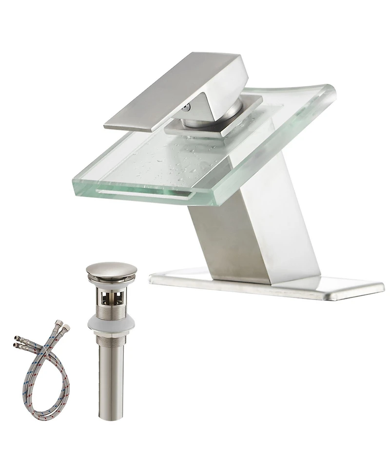 Greenspring Glass Spout Waterfall Single Hole Handle Bathroom Sink Faucet With Pop Up Drain Overflow