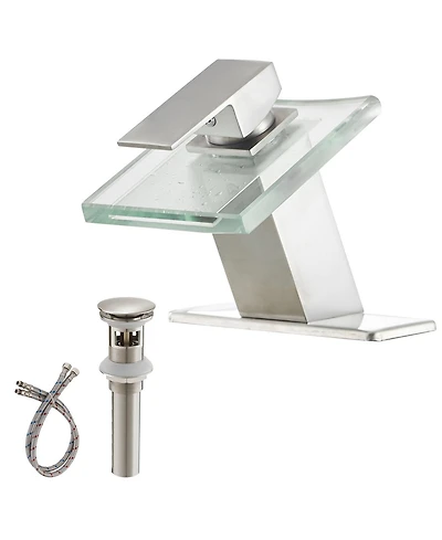 Greenspring Glass Spout Waterfall Single Hole Handle Bathroom Sink Faucet With Pop Up Drain Overflow