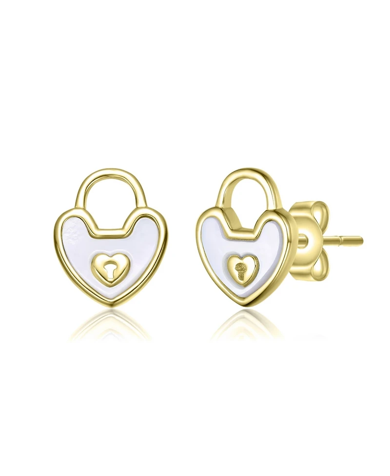 GiGiGirl Sterling Silver 14K Gold Plated with White Mother Of Pearl Heart Lock Design Stud Earrings For Kids
