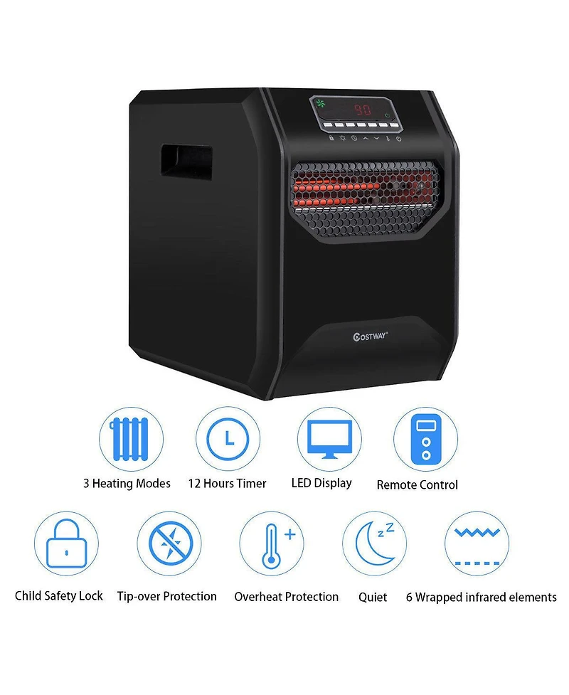 Costway Portable Electric Space Heater 1500W 12H Timer Led Remote Control Room Office