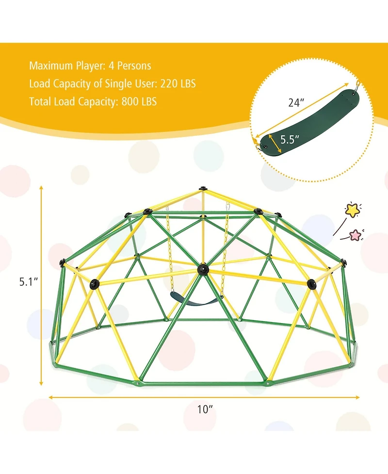 Gymax Climbing Dome w/ Swing 10FT Kids Jungle Gym Monkey Bar Climbing Toys for Outdoor