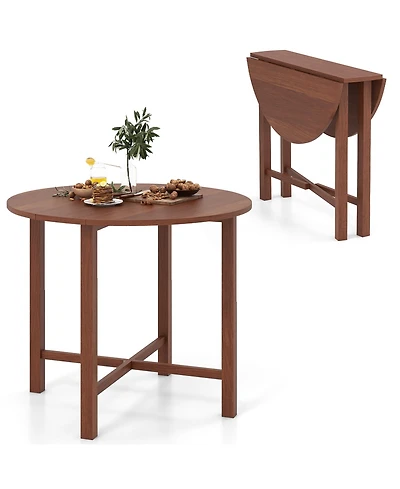 Gymax 36'' Foldable Kitchen Table Round Dining Table w/Solid Rubber Wood Legs
