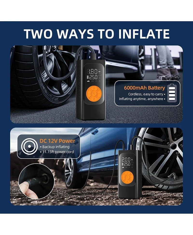 Tire Inflator Portable Air Compressor, Air Pump, Cordless Pump with Digital Pressure Gauge, Led Light and Auto Shut-Off Function