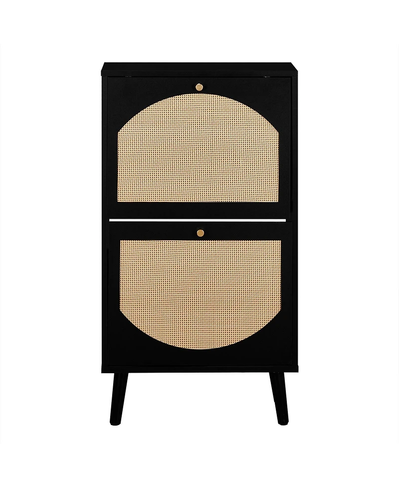 Slickblue Two Dump Buckets Shoe Cabinet with High-Leg Frame and Original Wood Rattan Surface